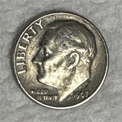 1967 ROOSVELT DIME, No Mint Mark,RIM IN GOD WE TRUST YEAR LIBERTY ERROR