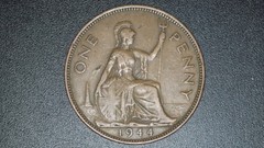 1944 UK Great Britain 1 One Penny – KM#845 – King George VI Large Bronze Coin