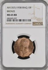 IRAQ/IRAK , 10 FILS 1938 KING GHAZI I – NGC MS 65 RB – TOP POP , RAREX