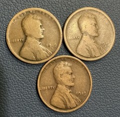 1919-PDS Lincoln Wheat Cents – Circulated Set 1919 – All Three Mints