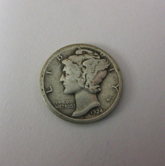 1924-D Winged Liberty Head or Mercury Dime : Raw / Ungraded, Strong F : Semi-Key