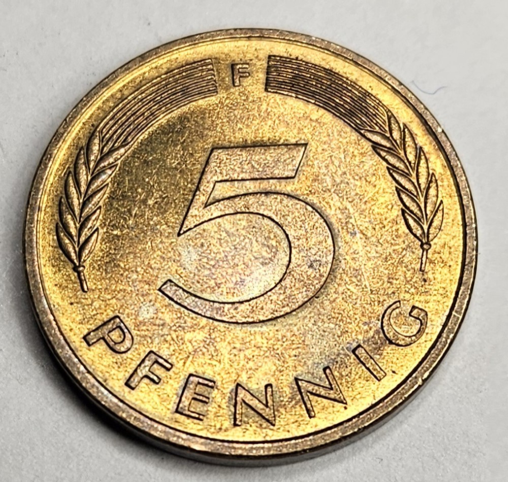 1980-F Germany 5 Five Pfenning – Circulated German Brass Clad Steel World Coin
