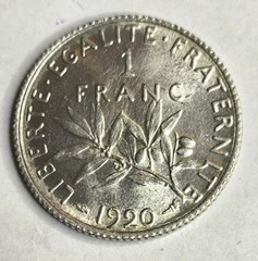 France – 1 Franc – 1920 – 835 Silver – 23mm – 5.0 Grams – Good Condition –