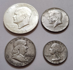 Lot of 4 • 1971‑S Ike Silver • 1967 Kennedy • 1961‑D Franklin • 1964‑D Qtr • X52