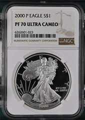 PF70 UCAM 2000-P American Silver Eagle – Brown Label NGC Spot Free White