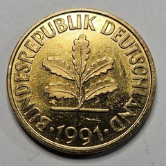 1991 F Germany 10 Ten Pfennig – Brass Clad Steel – German – World Coin – Europe