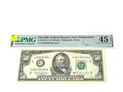 1990 $50 Fifty Dollars, FEDERAL RESERVE NOTE Philadelphi ‘PMG 45 CEF (132)