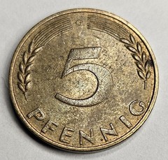 1966-G Germany 5 Five Pfenning – Circulated German Brass Clad Steel World Coin