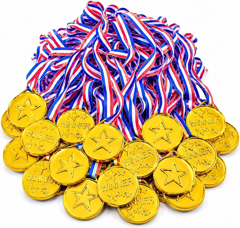 40 Pcs Plastic Gold Medals for Kids Awards Winner Award Medals with Ribbon