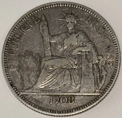 1908 French Indochina 1 Piastre De Commerce .900 Silver 27 Grams