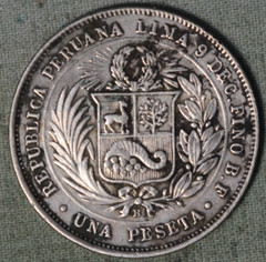 1880 – B Peru – 1 Silver Peseta With A Dot after B Under Wreath
