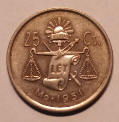 1951 Mexico, 25 Centavos – 30% Silver