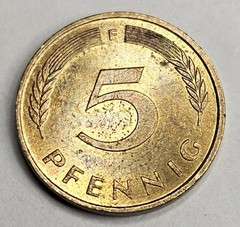 1988-F Germany 5 Five Pfenning – Circulated German Brass Clad Steel World Coin