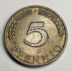 1950-F Germany 5 Five Pfenning – Circulated German Brass Clad Steel World Coin