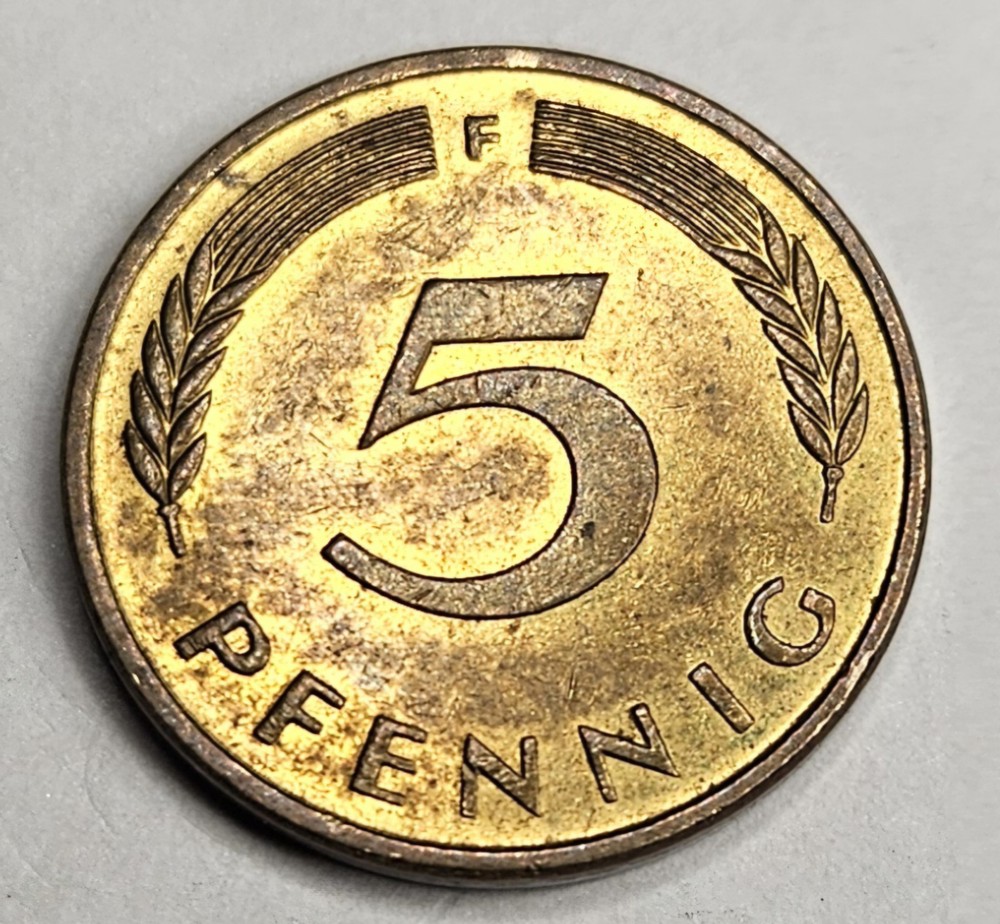 1987-F Germany 5 Five Pfenning – Circulated German Brass Clad Steel World Coin