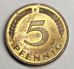 1987-F Germany 5 Five Pfenning – Circulated German Brass Clad Steel World Coin