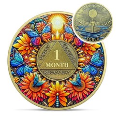Sunflower 1 Year Sobriety Coin AA NA Recovery Medallion Butterfly Gift