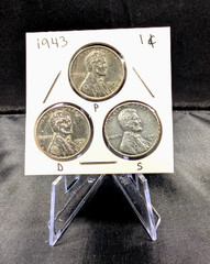 1943 1C Lot of Three (3) – Wheat Penny 1943 P/D/S SET -Steel Cent All Mints! B1