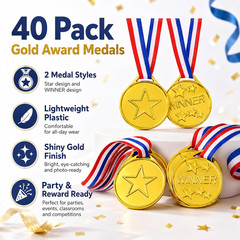 40 Pcs Plastic Gold Medals for Kids Awards Winner Award Medals with Ribbon