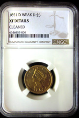 1851-D LIBERTY HEAD HALF EAGLE $5 DOLLAR GOLD COIN DAHLONEGA MINT XF WEAK D DET