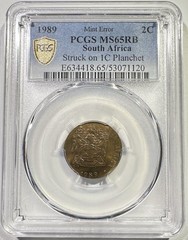 1989 South Africa 2 Cents Struck On 1 Cent Planchet PCGS MS65RB Rare Error Coin