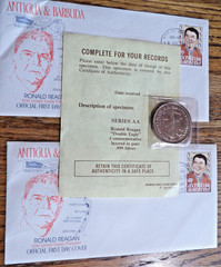 R. Reagan Double Eagle Coin – C.O.A – TWO Envelopes & Canceled R. Reagan Stamps