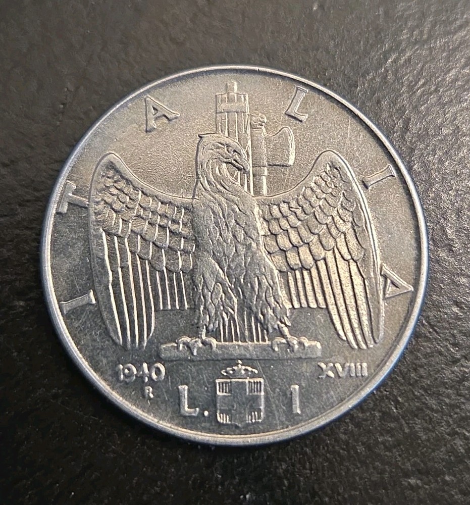 1940 Italy 1 Lira Coin, WW2 Era, King & Eagle, Stainless Steel, 27mm, High Grade