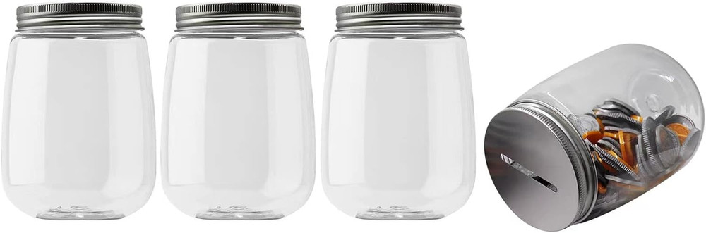 Small Clear Plastic Coin Bank Jars 4-Pack, 16oz with Silver Slotted Lids, Transp