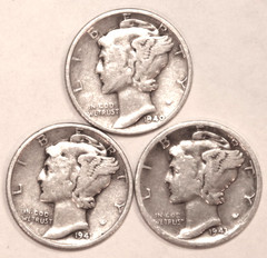 (3) Mercury Dimes – Fine – 1940 1941 1943S – #4631ED