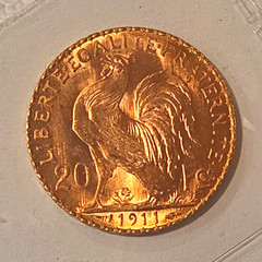 France 20 Francs 1911 Rooster Gold Coin KM#857 .900 Fineness