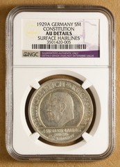 1929 A Germany Silver 5 Mark ‘Weimar Constitution’ NGC AU Details