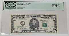 1995 $5 Federal Reserve Note Fr. 1985-G Star Note PCGS 69PPQ