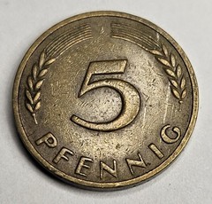 1950-J Germany 5 Five Pfenning – Circulated German Brass Clad Steel World Coin
