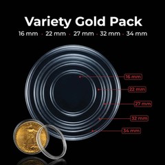 Gold Coin Holder Variety Pack – 25 Capsule Set (5 Each: 16mm, 22mm, 27mm, 32mm,