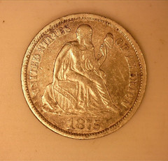 1875-CC BELOW Seated Liberty Silver Dime : Raw / Ungraded : VF – XF but Cleaned