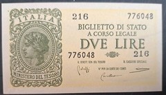 1944 Italy 2 Lire P30b, 216-776048.