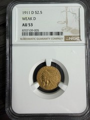 1911-D $2.50 Gold – Weak D, PCGS AU53 Free Shipping