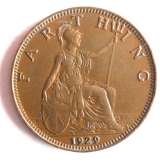 1929 GREAT BRITAIN FARTHING – AU – Great Coin – FREE SHIP – Farthing Bin #3