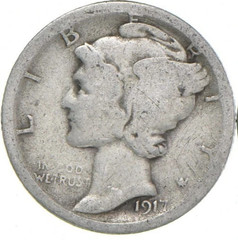 1917-S Mercury 90% Silver Dimes G-VG (Good – Very Good) Average Circulated
