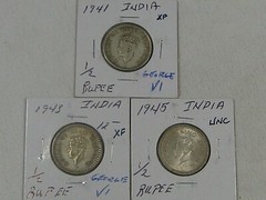 3 Silver ½ RUPEE British INDIA XF-UNC: 1941, 1943, 1945. #45