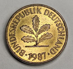 1987-F Germany 5 Five Pfenning – Circulated German Brass Clad Steel World Coin