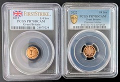 2x Royal Mint UK Gold Proof Quarter Sovereigns: 1x 2012, 1x 2022 PCGS PR70