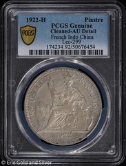 1922-H French Indo China Silver 1 Piastre PCGS Genuine AU Detail | Lec-299