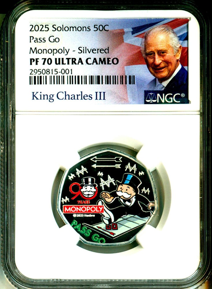 2025 50c Solomon Islands Monopoly Pass Go Silvered (Silver Plated) NGC PF70 UC