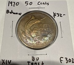 1970 Bahama Islands 50 Cents Silver Bahamas Marlin Fish 50C Coin (F302)