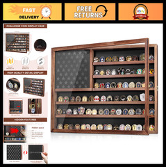 Lockable Military Challenge Coin Display Case, Wall Mount Holder with Glass Door