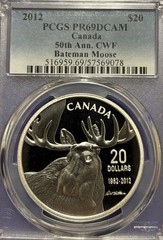 2012 Canada $20 Bateman Bull Moose 1 Oz Silver PCGS PR69 DCAM 7.5k Circ