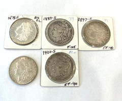 FIVE— San Francisco Mint U.S. Morgan Silver Dollars 1878 1883 1884 1897 1900