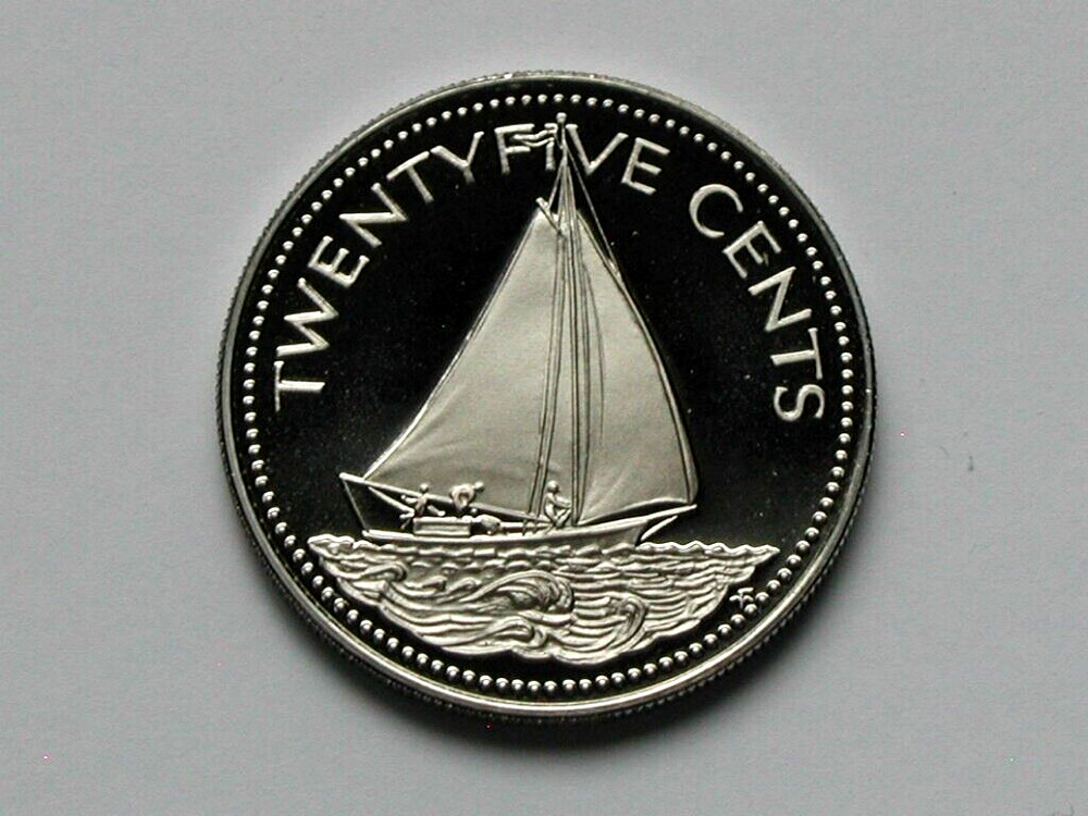 Bahamas 1976 FM 25 CENTS Proof Coin MS+++ UNC with Cameo-Lustre & Ocean Sailboat