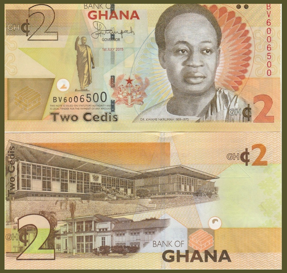 Ghana P37Ad, 2 Cedi, Nkrumah, gold bars / Parliment see UV & W/M images, UNC